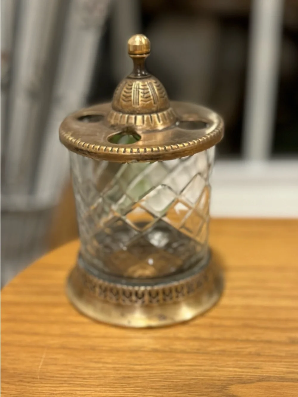 Antique Cut Crystal  Vanity  Toothbrush holder with Ornate Metal Lid